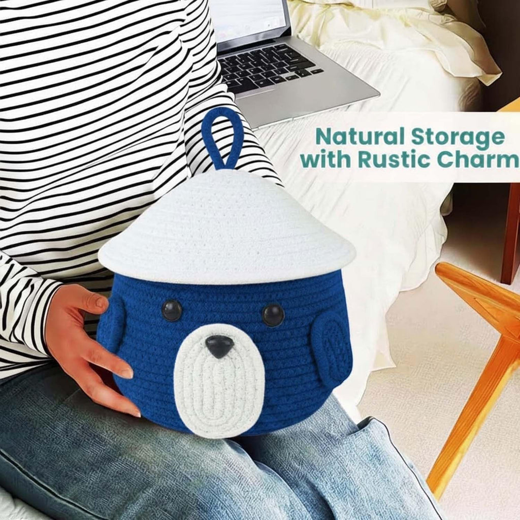 Go Hooked royal blue cotton rope storage basket with lid, featuring a cute animal face design for kids' nursery organization.