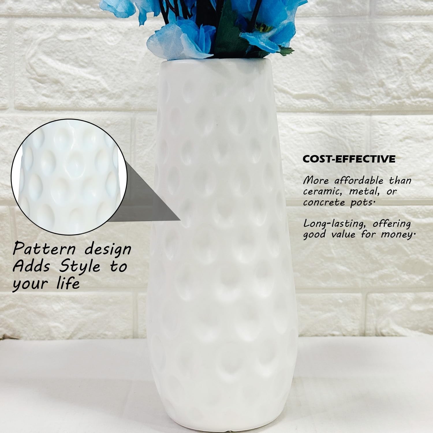Go Hooked blue artificial blossoms in a white textured ceramic vase. Realistic faux flowers for home and office decor.