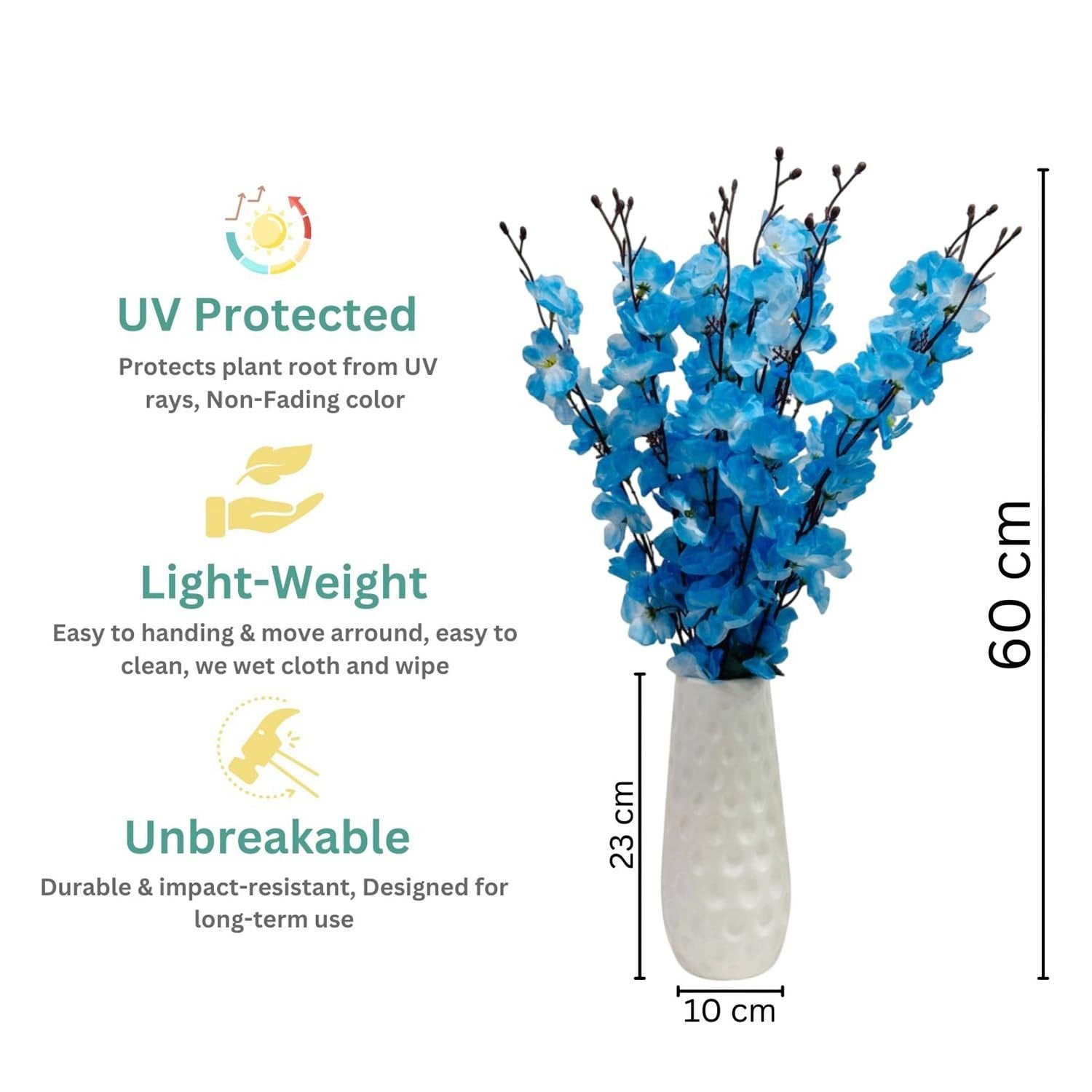 Go Hooked artificial blue blossoms in a white textured vase. UV protected, lightweight, and unbreakable faux flowers for home and office decor.
