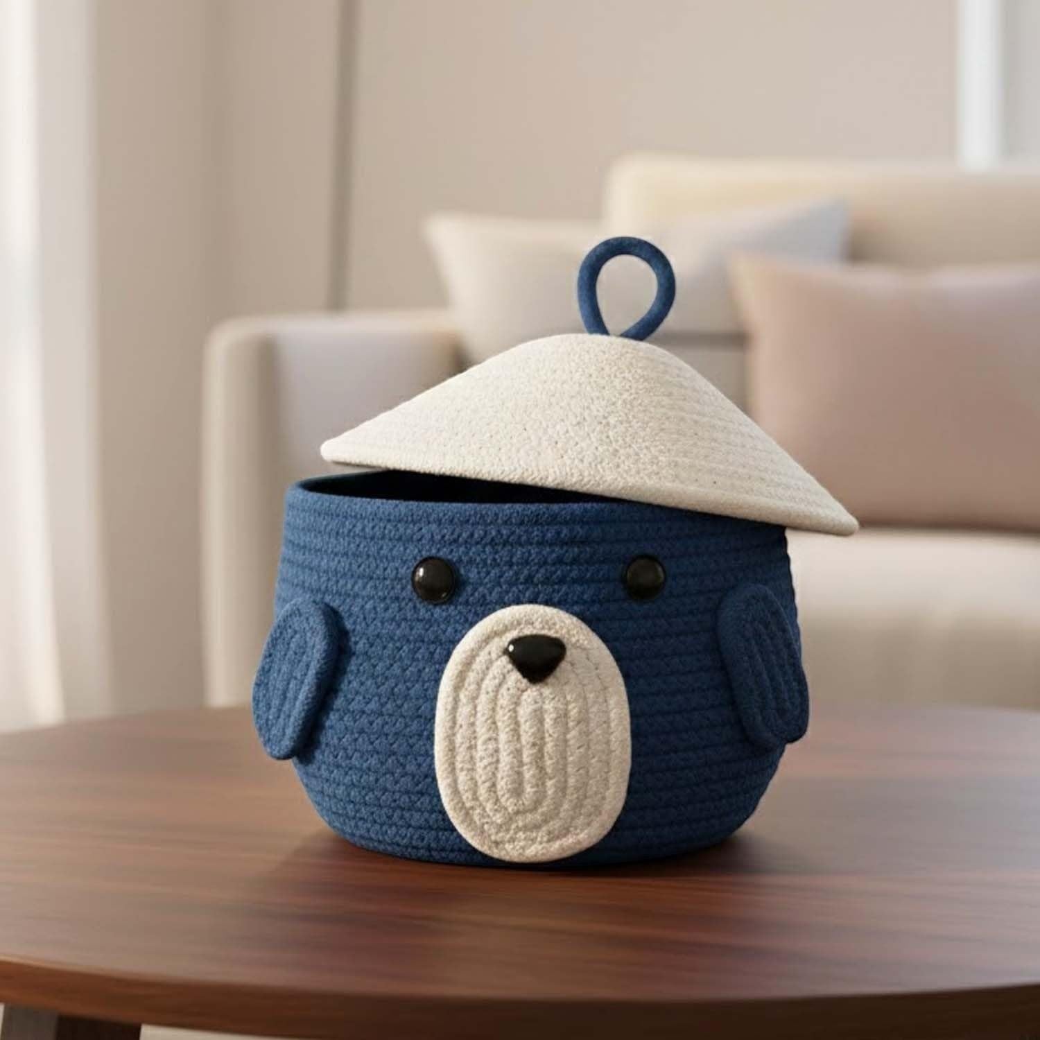 Go Hooked royal blue cotton rope storage basket with lid, featuring a cute animal face design with ears and a white dome lid.