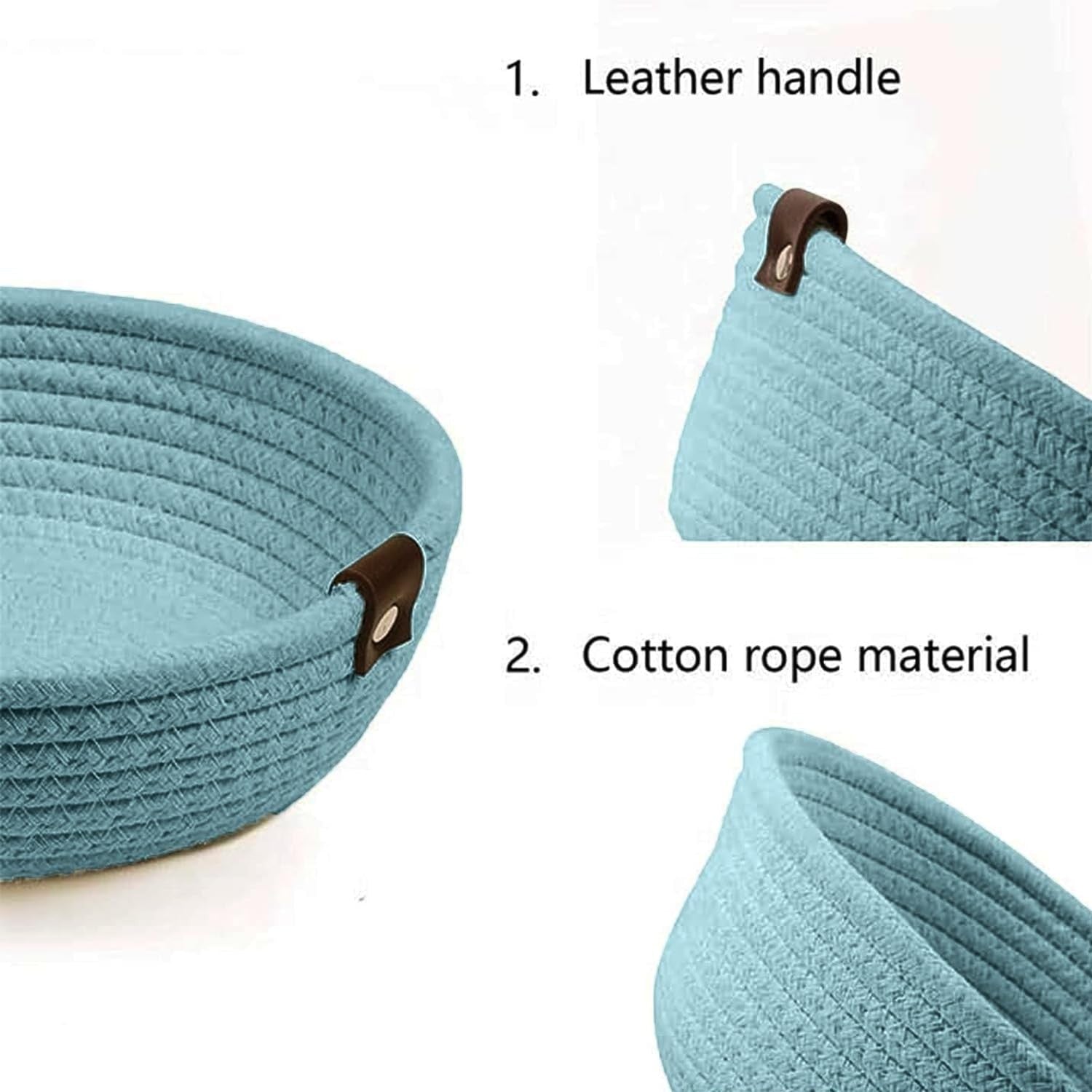 GoHooked blue cotton rope storage basket featuring a durable woven texture and brown leather handle detail.