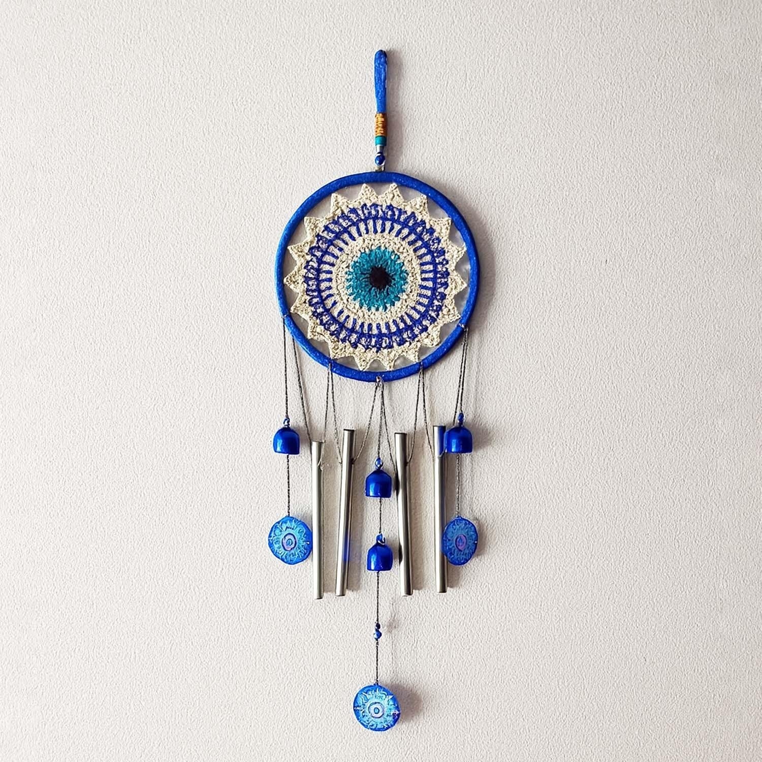 GoHooked blue and white crochet dreamcatcher style wind chime with silver tubes and blue bells, 70mm