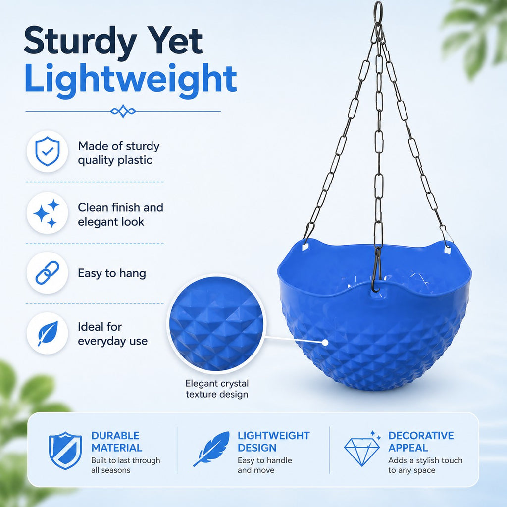 GoHooked blue crystal textured hanging planter with metal chain for indoor and outdoor garden decor