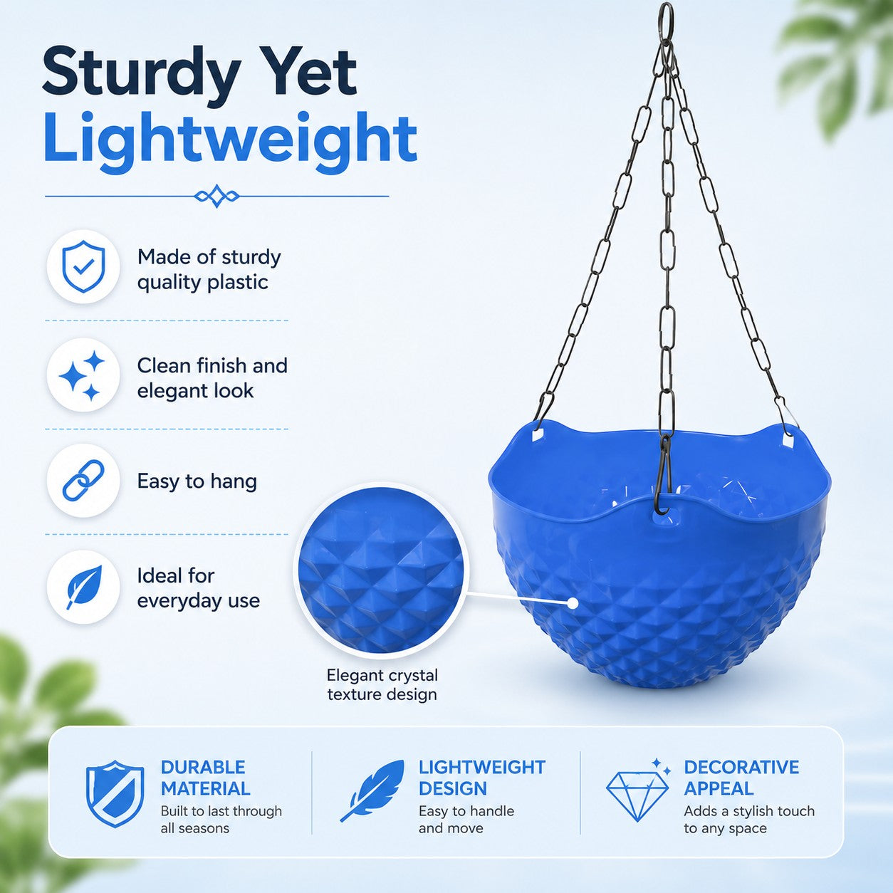 GoHooked blue crystal textured hanging planter with metal chain for indoor and outdoor garden decor