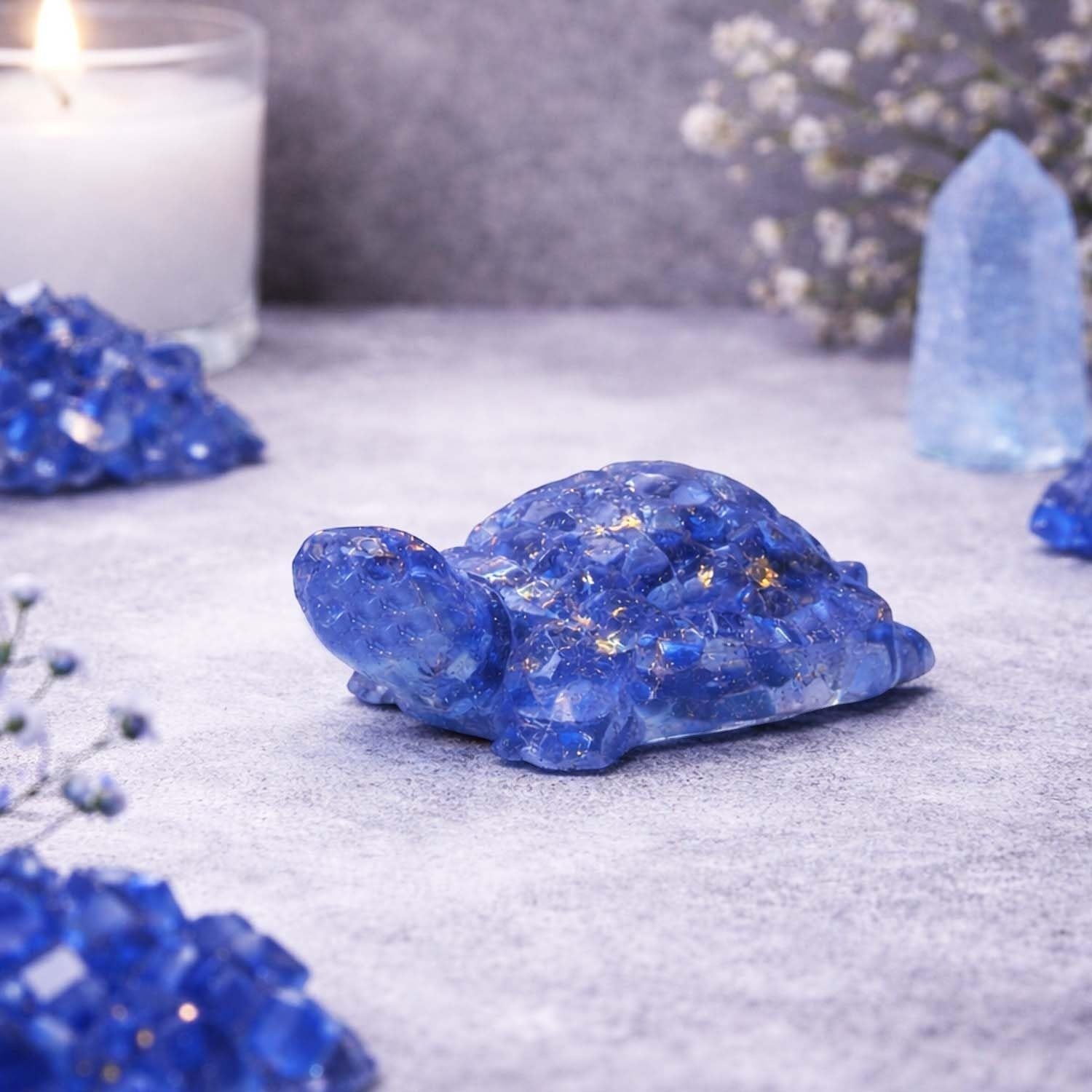 GoHooked blue crystal tortoise figurine with gold flecks, a decorative showpiece for home and office decor.