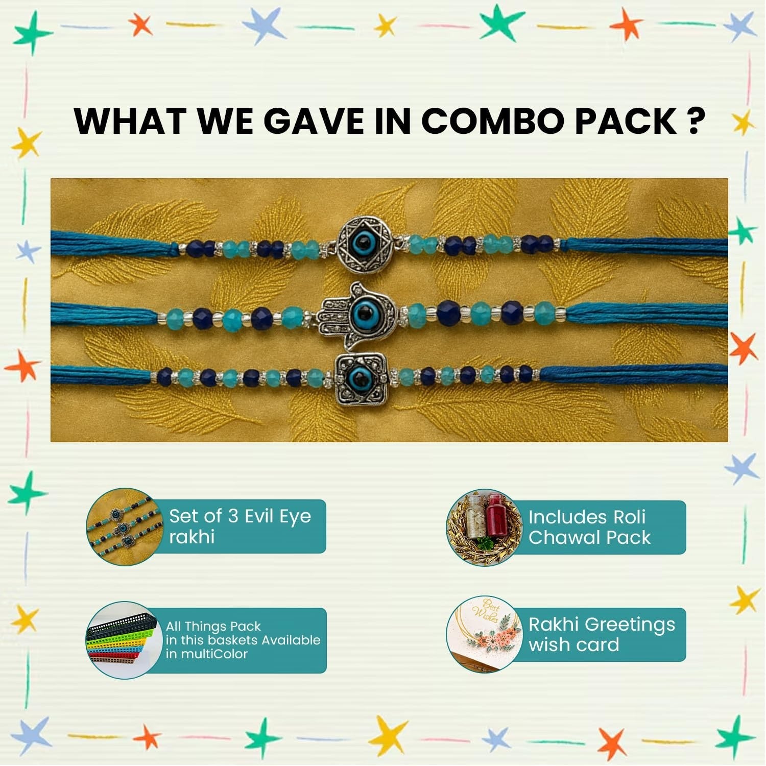 GoHooked set of 3 blue designer rakhis with evil eye and hamsa charms, pearl beads, and cotton threads.