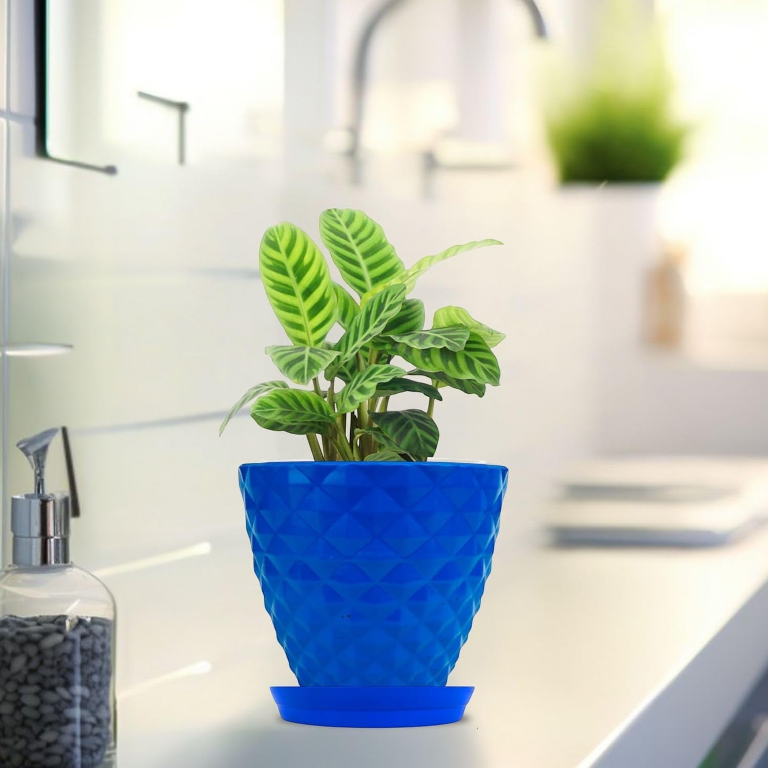 GoHooked blue diamond-patterned plastic planter pot with saucer, perfect for indoor or outdoor plants.