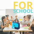 Go Hooked blue thermal insulated lunch bag with a cute dinosaur face design and navy sides, perfect for school.