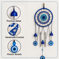 GoHooked blue evil eye dreamcatcher wind chime with metal bells and hanging beads, handmade crochet detail.