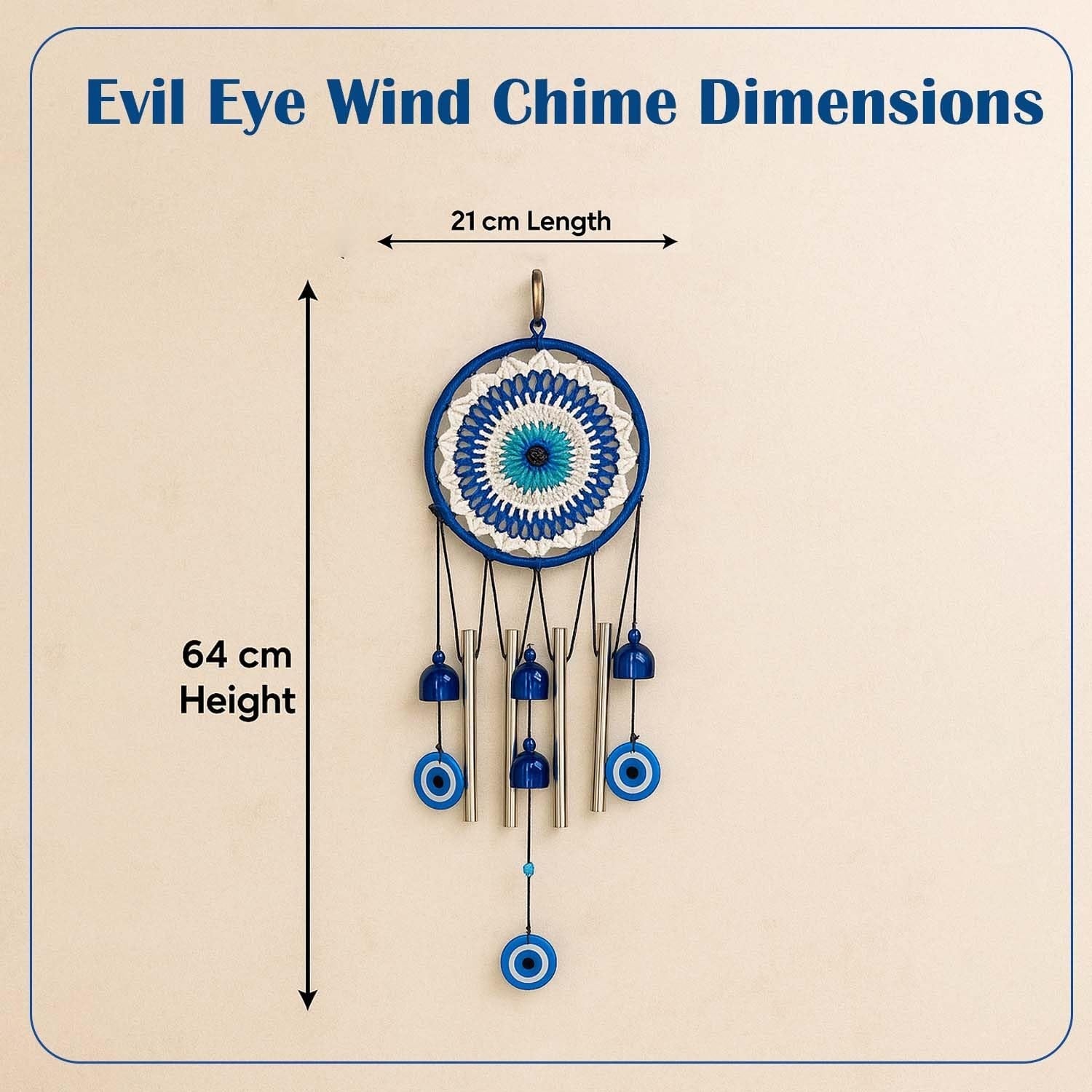 GoHooked blue evil eye dreamcatcher wind chime with bells and beads, 64cm height, for positive energy and home décor.
