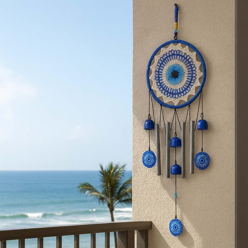 GoHooked blue evil eye dreamcatcher wind chime with silver pipes and hanging beads, 64cm height, for positive energy and home decor.