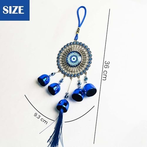 GoHooked blue glass evil eye wind chime with 5 bells and tassel, 35cm length, for home protection and good luck.