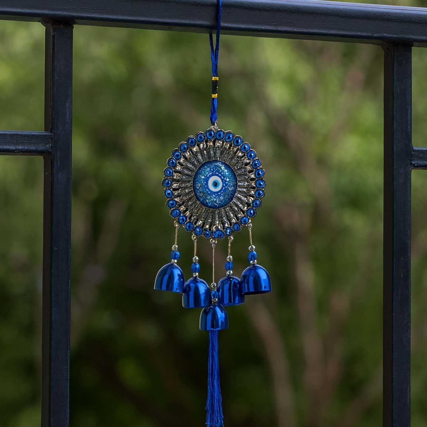 GoHooked blue glass evil eye wind chime with 5 bells and tassel, 35cm, metal alloy medallion, home protection