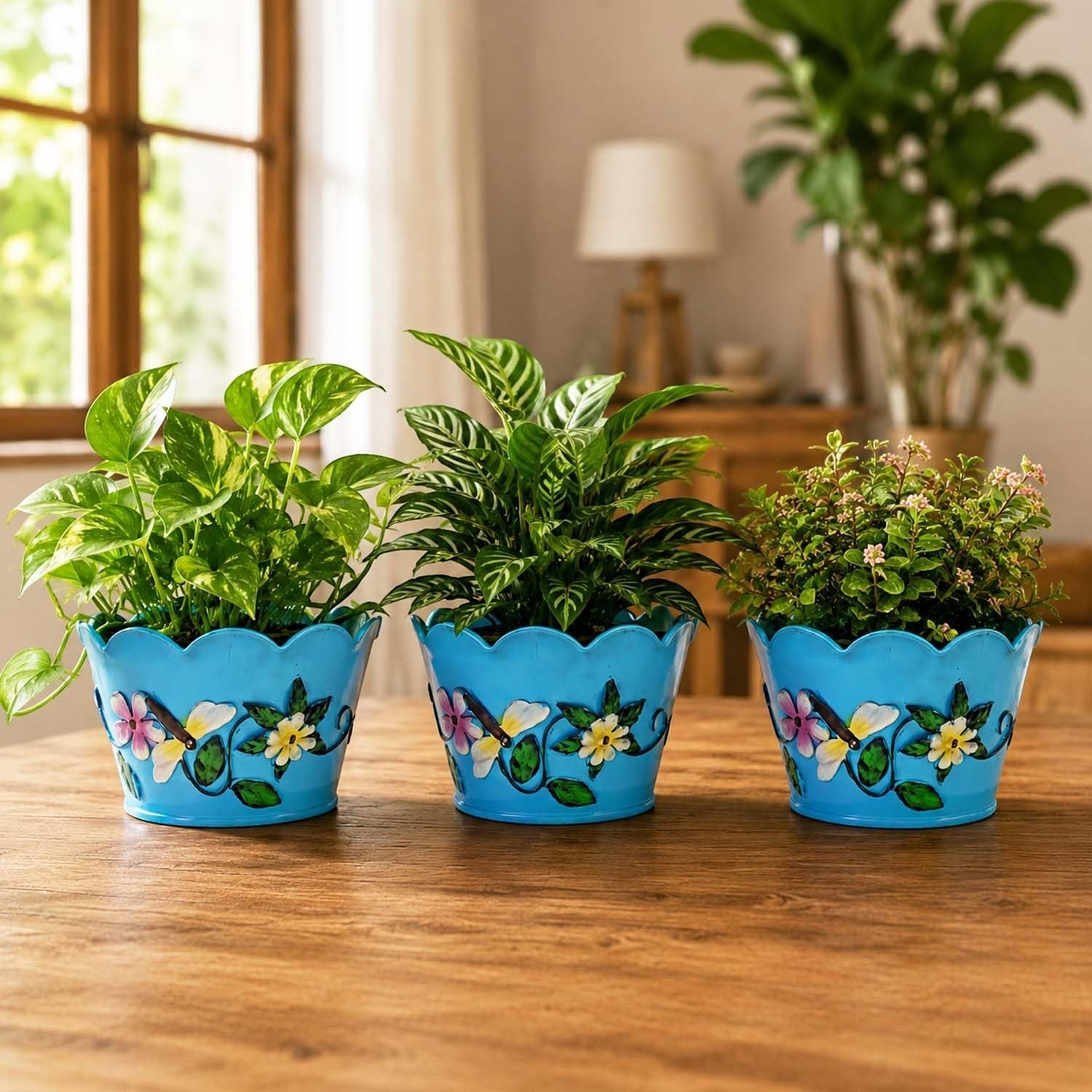 GoHooked blue scalloped edge flower pots with floral and butterfly design, set of 3, for indoor plants.