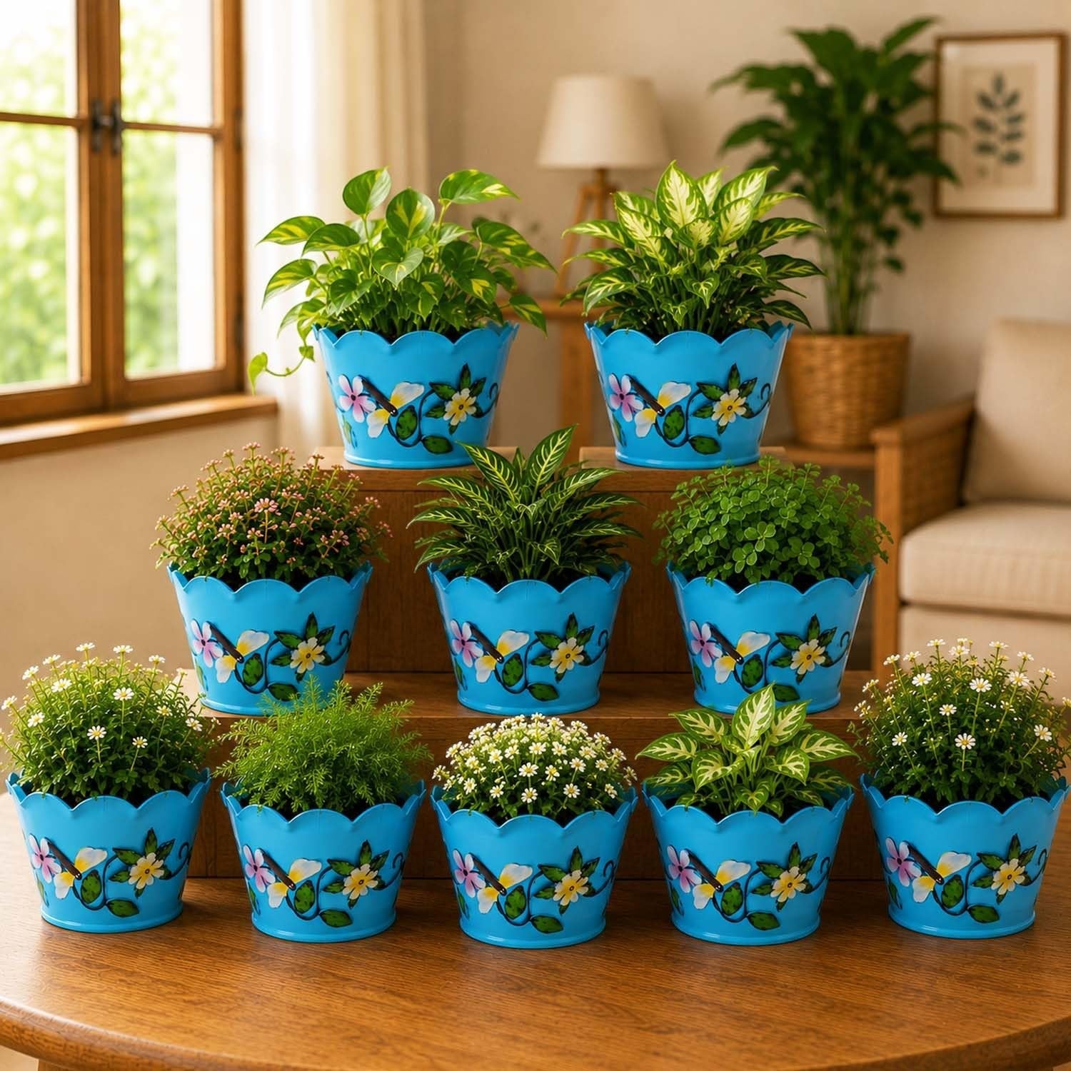 GoHooked blue scalloped edge plastic plant pots with floral design, set of 10, for indoor plants.