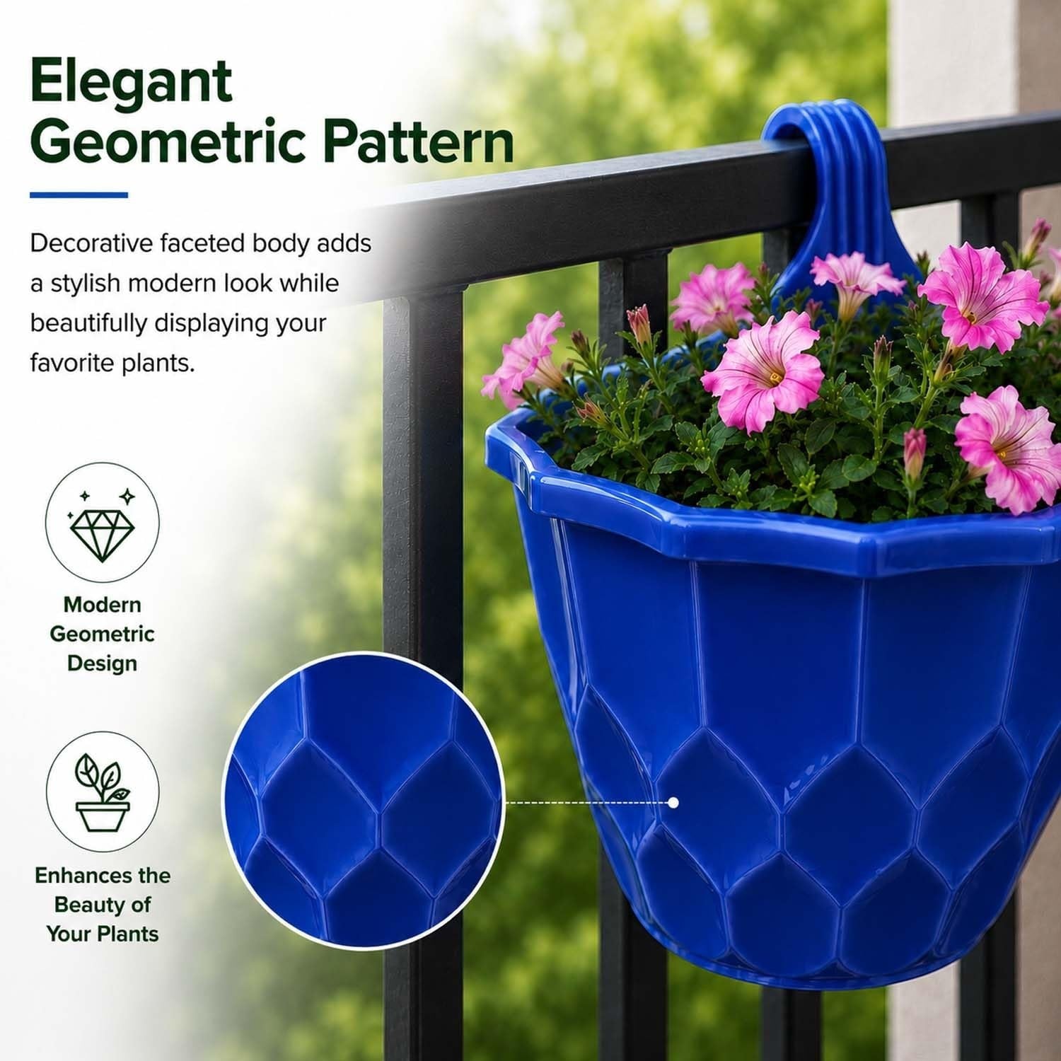 GoHooked blue plastic hanging planter with a geometric faceted design, mounted on a black balcony railing.
