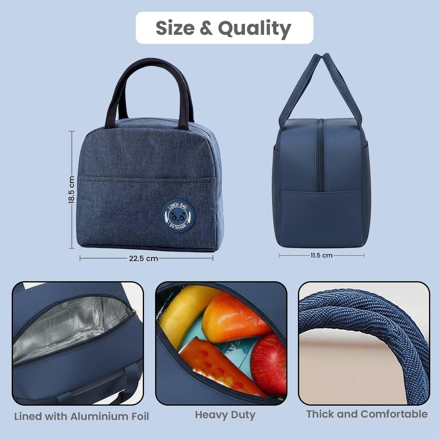 Go Hooked blue and grey insulated lunch bag, thermal Oxford cloth tote with zipper closure and comfortable handles. Pack of 2.