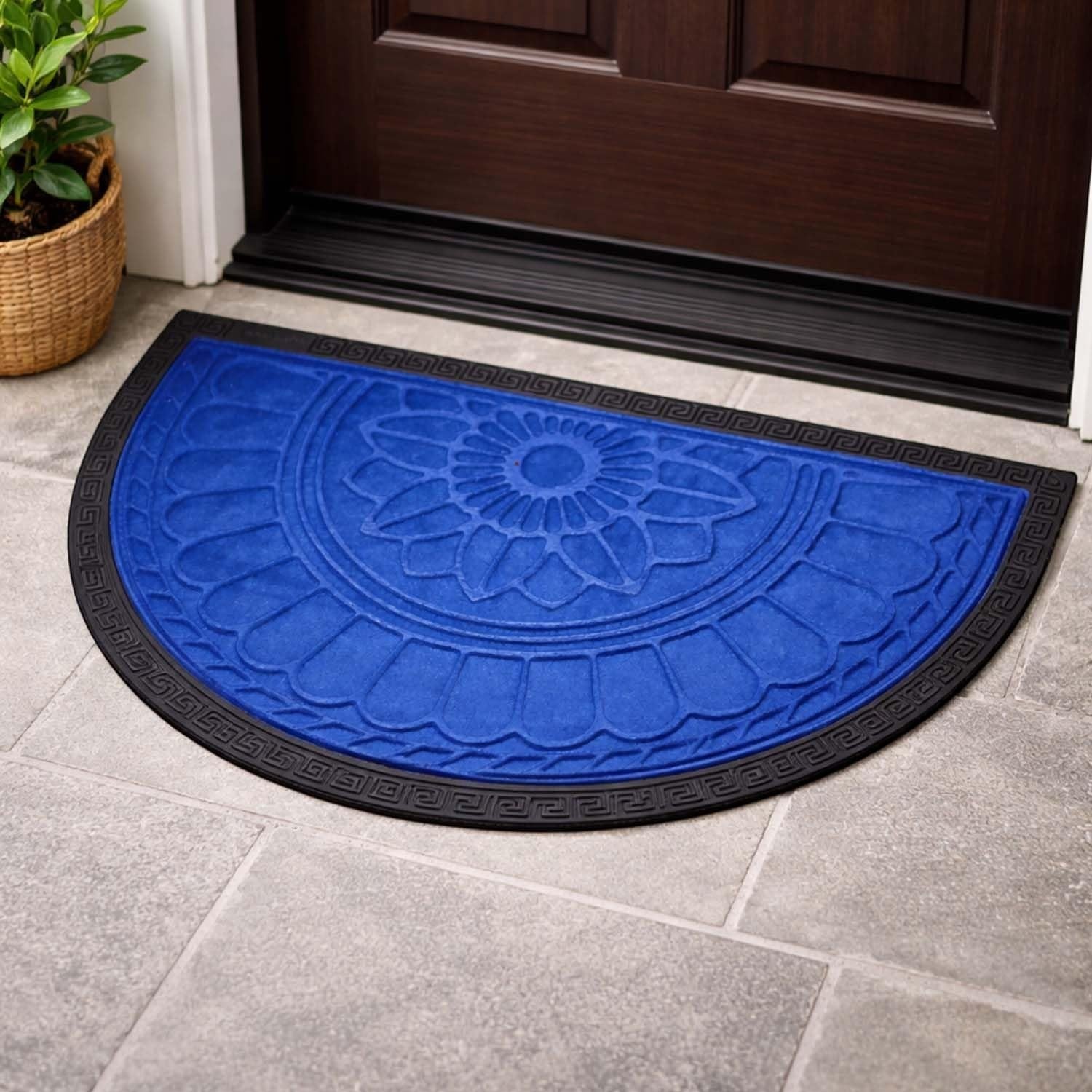 GoHooked blue half-round doormat with embossed floral design and Greek key border