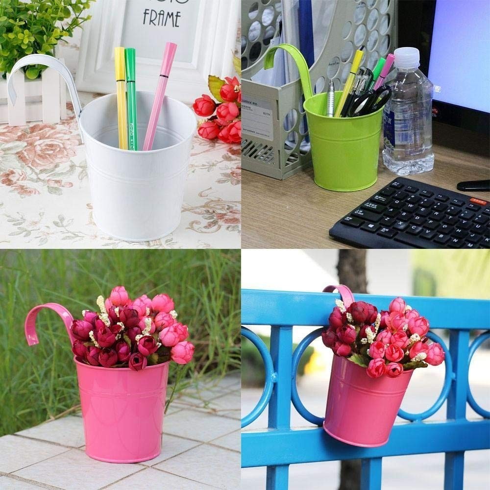 GoHooked blue metal hanging planter pot with rust-resistant feature, ideal for balconies and railings.