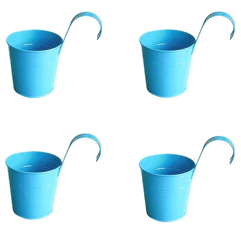 Go Hooked blue metal hanging planter pot with curved handle, set of 4. Ideal for balconies and railings.
