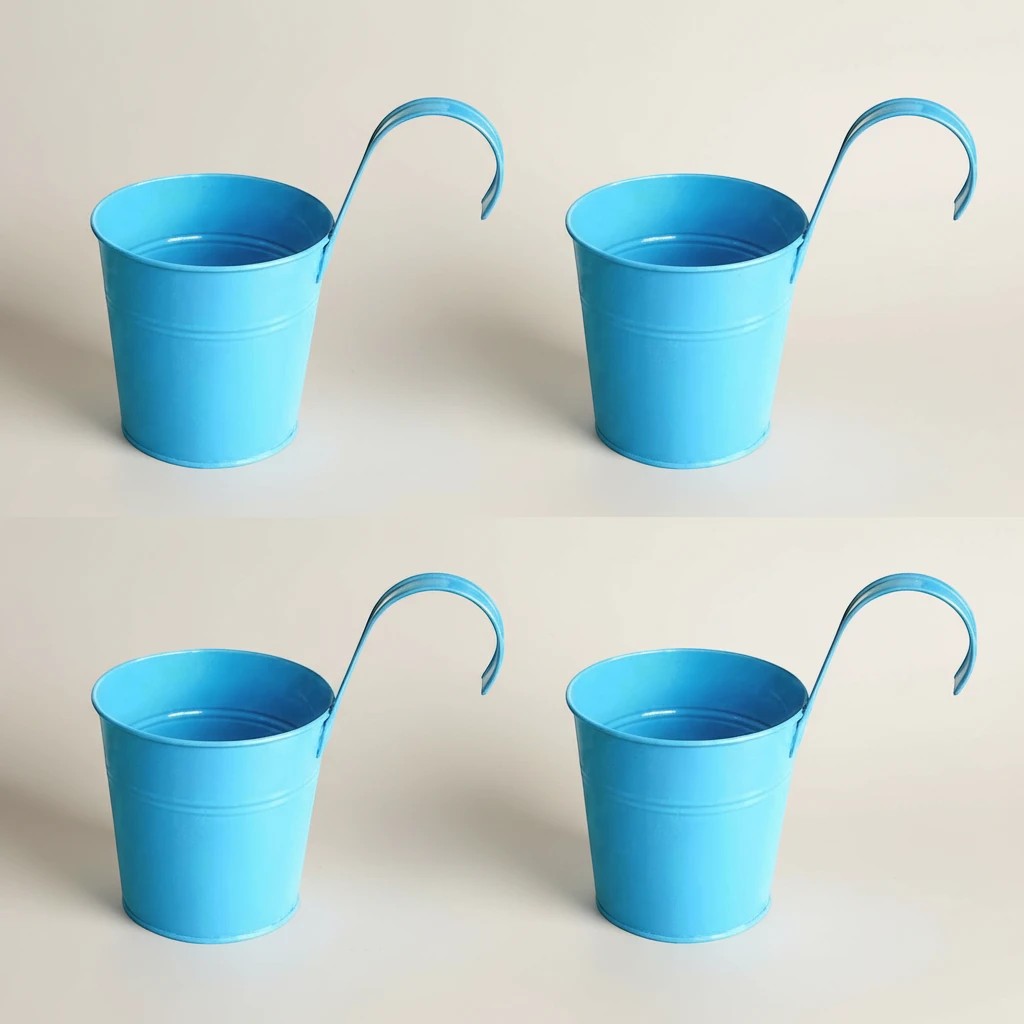 Go Hooked blue metal hanging planter pot with curved handle, set of 4.