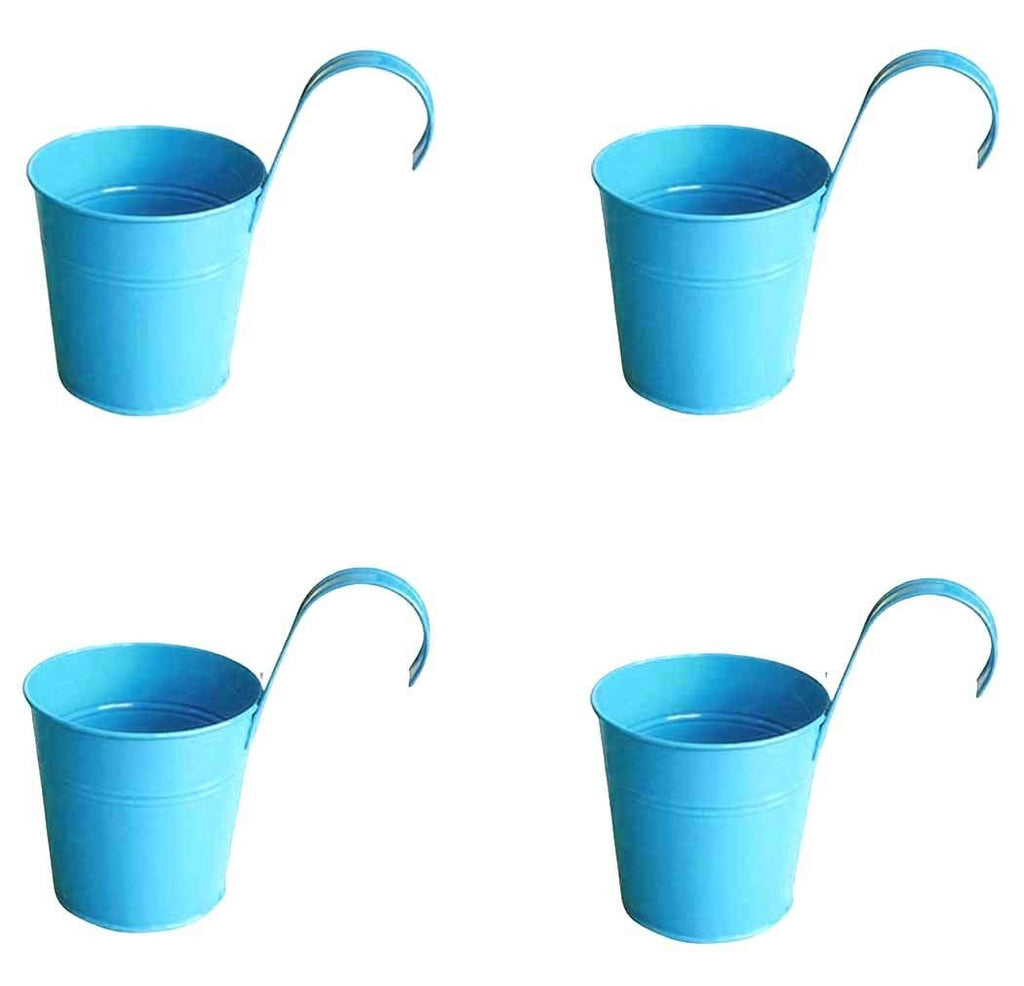 GoHooked blue metal hanging planter pot with hook, rust-resistant, set of 4