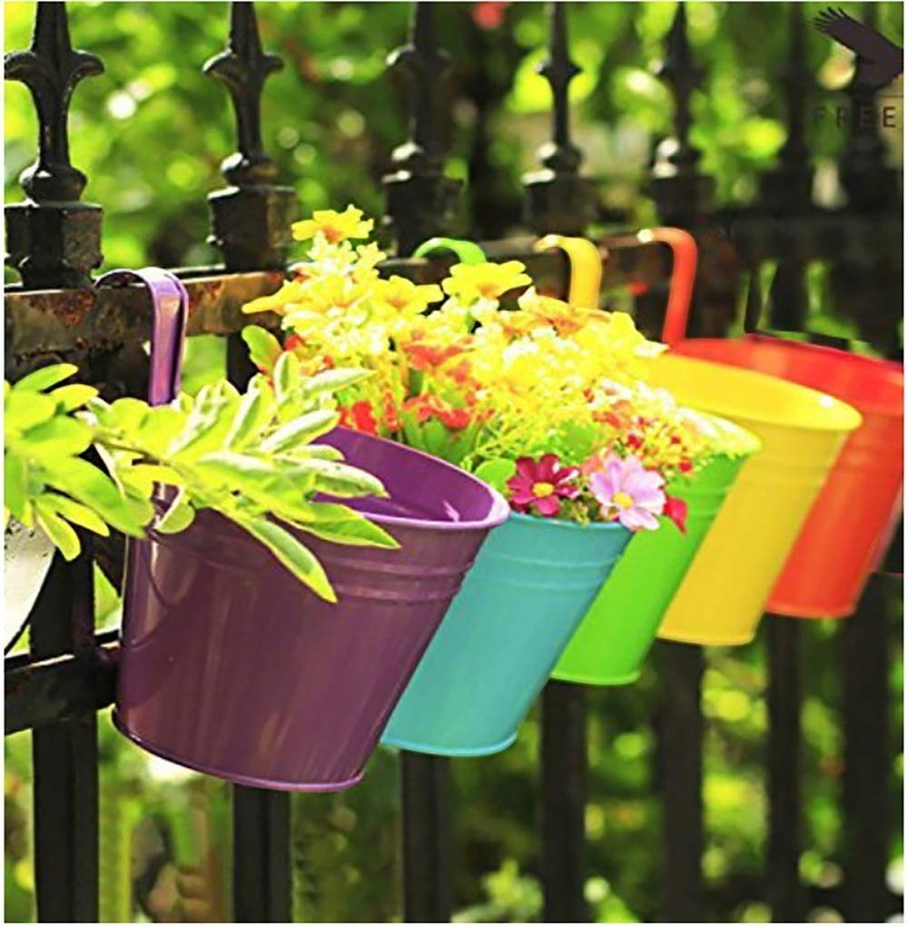 GoHooked set of 4 blue metal hanging planters with rust-resistant finish, perfect for balconies and railings.