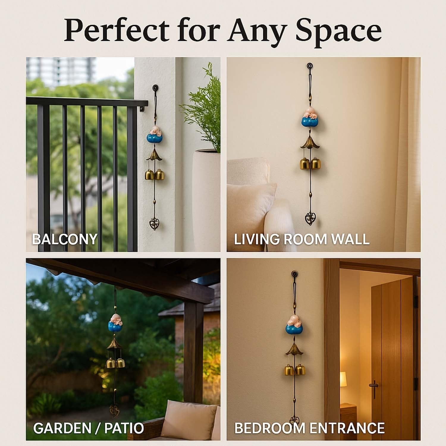 GoHooked blue metal wind chime with monk figurine and brass bells, ideal for positive energy and home decor.