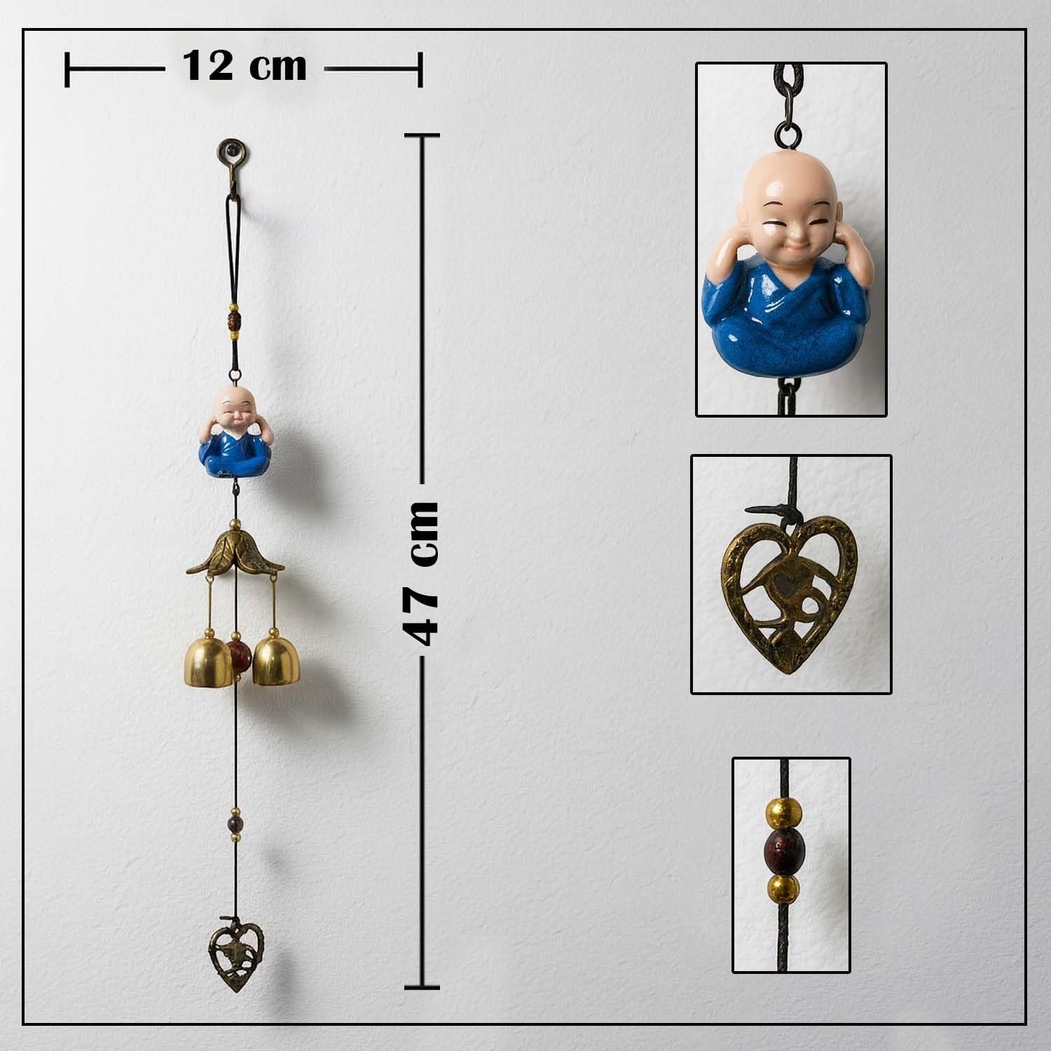 Go Hooked blue monk figurine wind chime with brass bells and heart charm, 47cm long, for positive energy and home décor.