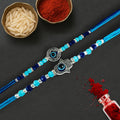 GoHooked blue and multicolor beaded rakhis with evil eye and hamsa charms. Includes roli and chawal.
