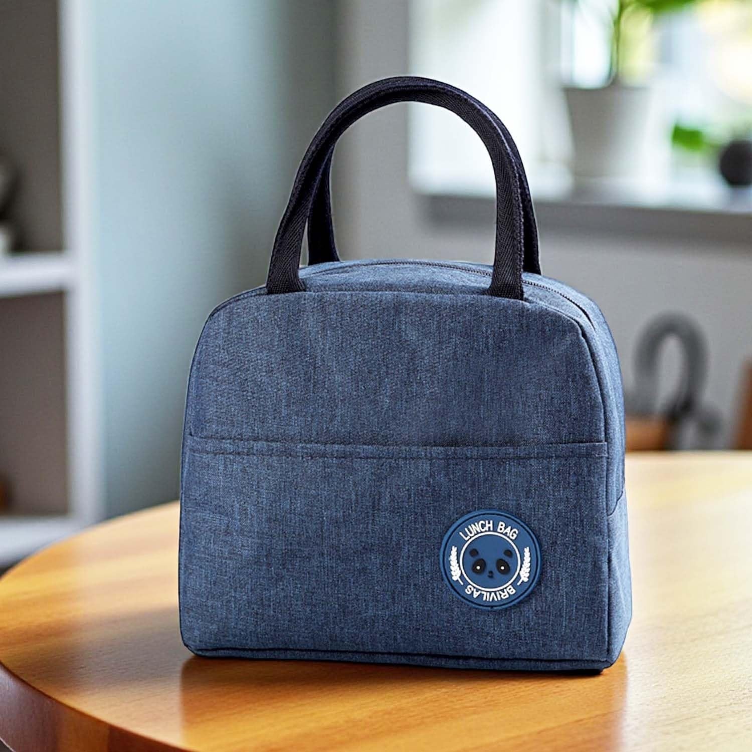 GoHooked blue Oxford cloth lunch bag with handle and front pocket featuring a panda patch. Reusable and thermal.
