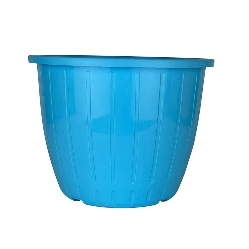 Go Hooked blue plastic Duro flower pot, 10-inch, lightweight, durable, for indoor/outdoor gardening.