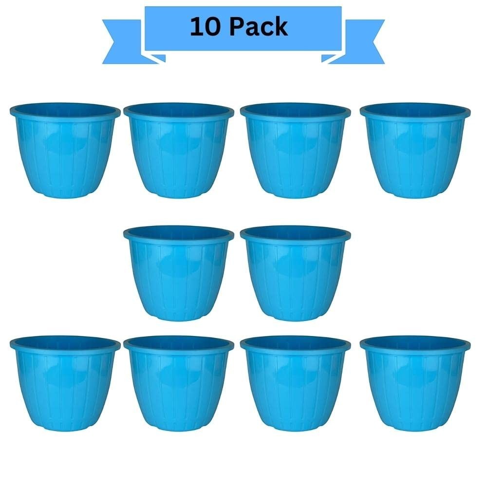 Go Hooked blue plastic Duro flower pots, 10 inch, pack of 10. Lightweight, durable, and modern design for indoor/outdoor gardening.