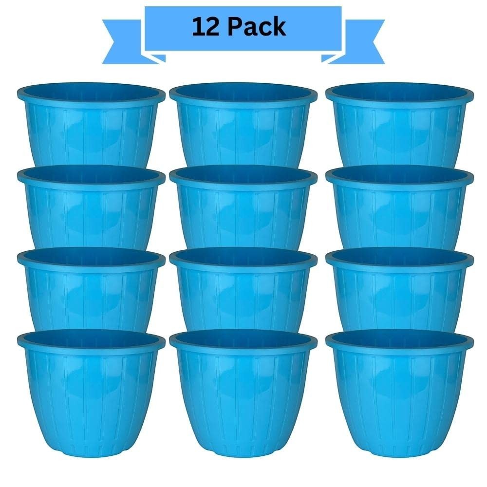 GoHooked 12 pack of 10-inch blue plastic duro flower pots with a ribbed design for indoor/outdoor gardening.