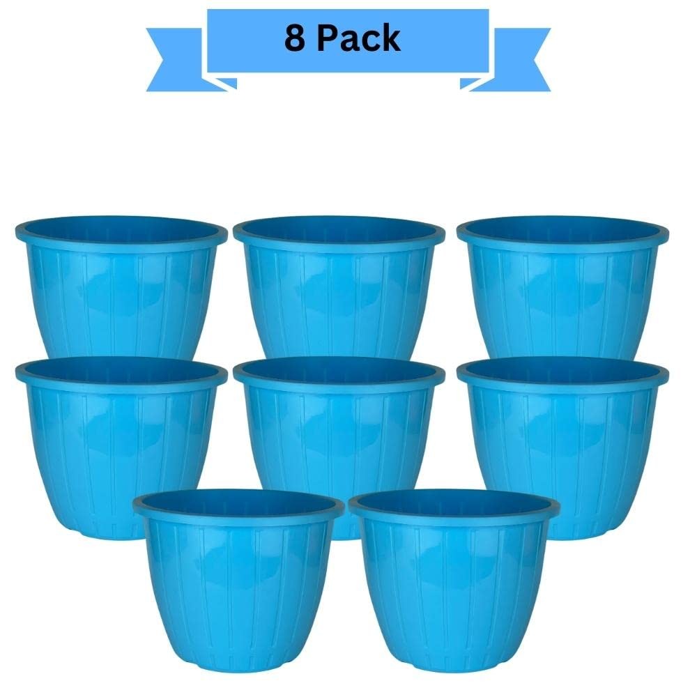 GoHooked 8 Pack blue plastic Duro flower pots, 10 inch, lightweight and durable for indoor/outdoor gardening.