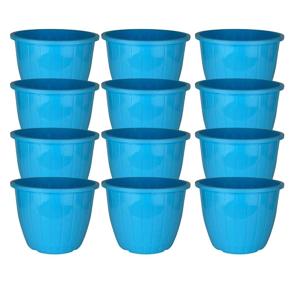 GoHooked blue plastic Duro flower pots, 10-inch, pack of 12. Lightweight, durable, and suitable for indoor/outdoor gardening.