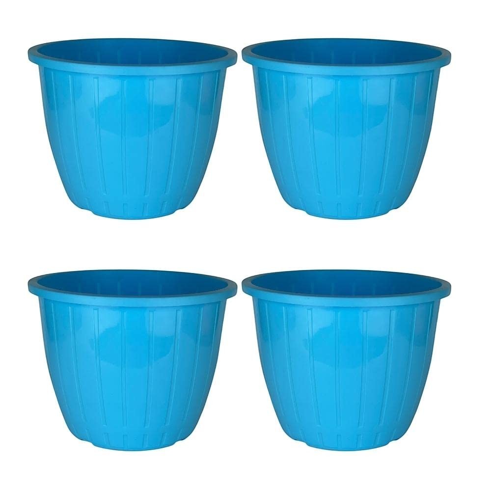 GoHooked blue plastic Duro flower pots, 10-inch, pack of 4. Lightweight, durable, and modern design for indoor/outdoor gardening.