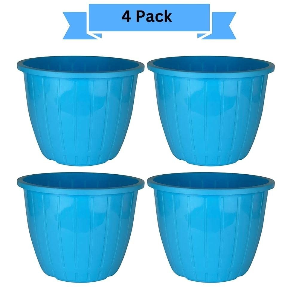 GoHooked blue plastic Duro flower pots, 10 inch, pack of 4. Lightweight and durable for indoor/outdoor gardening.