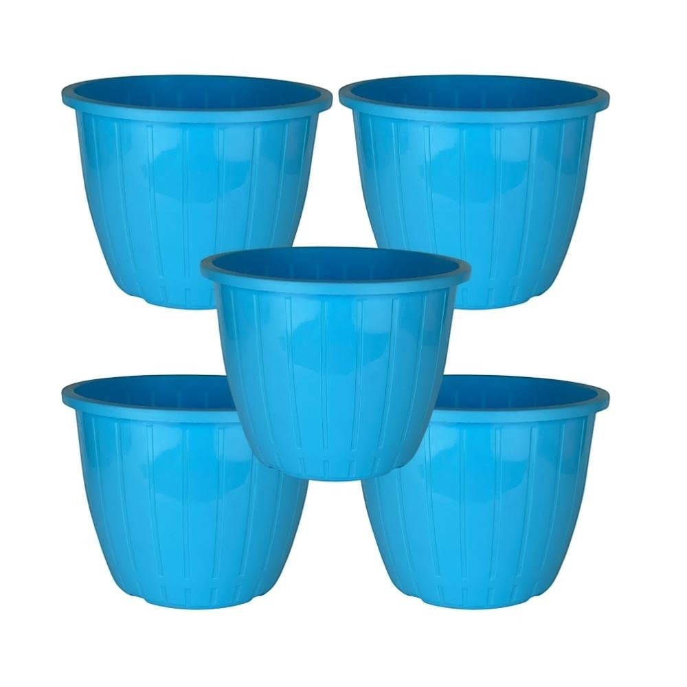 Go Hooked blue plastic Duro flower pots, 10 inch, pack of 5. Lightweight, durable planters for indoor/outdoor gardening.