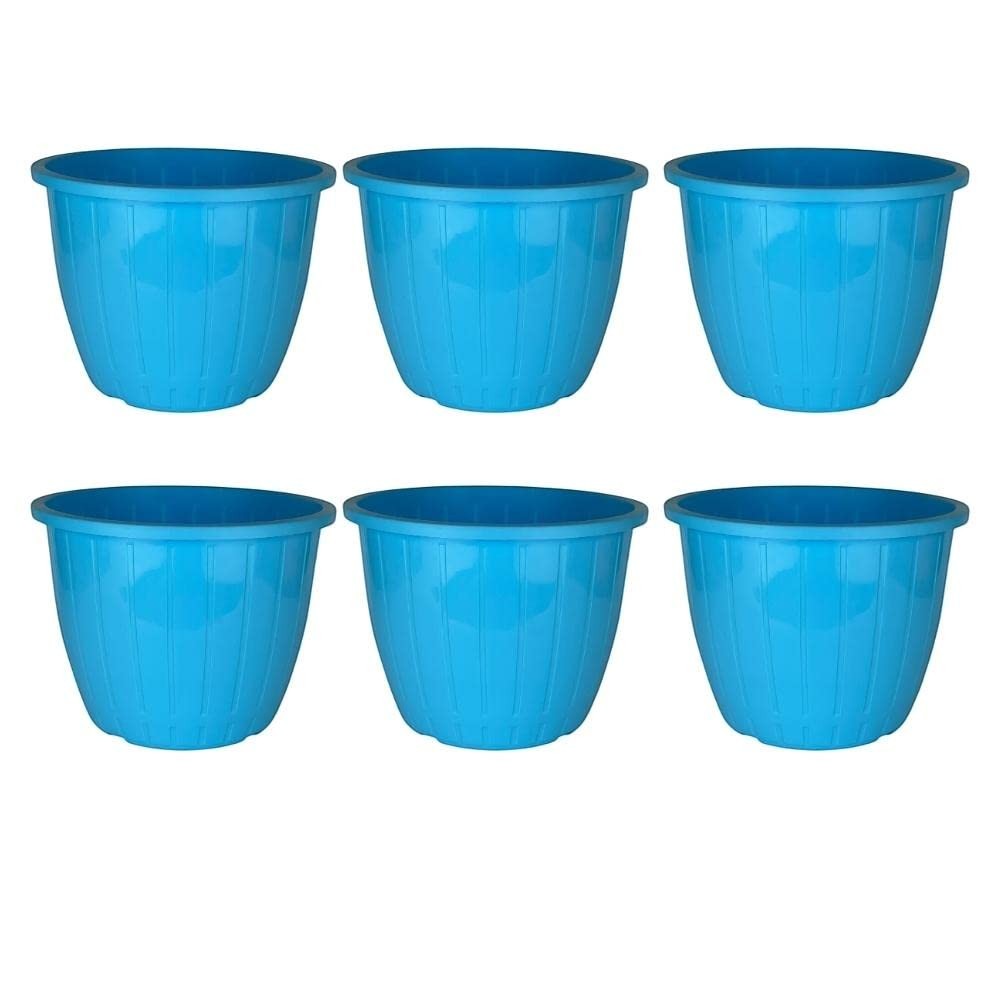 GoHooked blue plastic Duro flower pots, 10-inch, pack of 6. Lightweight and durable for indoor/outdoor gardening.