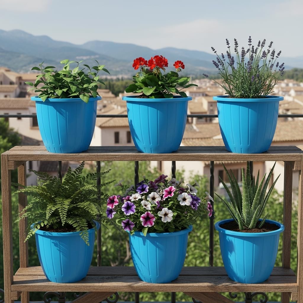 GoHooked blue 10-inch plastic Duro flower pots, pack of 6, for indoor/outdoor gardening. Features a ribbed design.