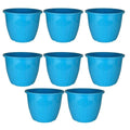 GoHooked blue plastic Duro flower pots, 10 inch, pack of 8. Lightweight, durable, modern design for indoor/outdoor gardening.