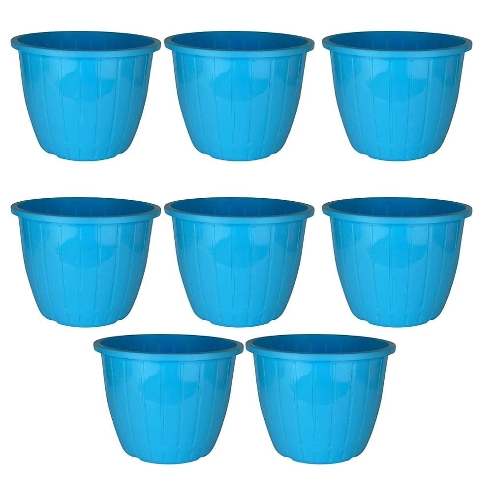 GoHooked blue plastic Duro flower pots, 10 inch, pack of 8. Lightweight, durable, modern design for indoor/outdoor gardening.