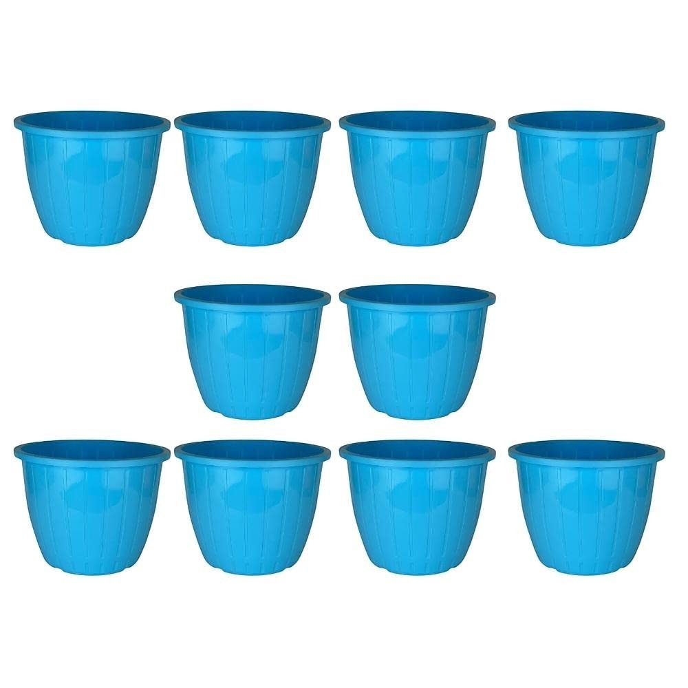 GoHooked blue plastic Duro flower pots, 10 inch, pack of 10. Lightweight, durable, modern design for indoor/outdoor gardening.