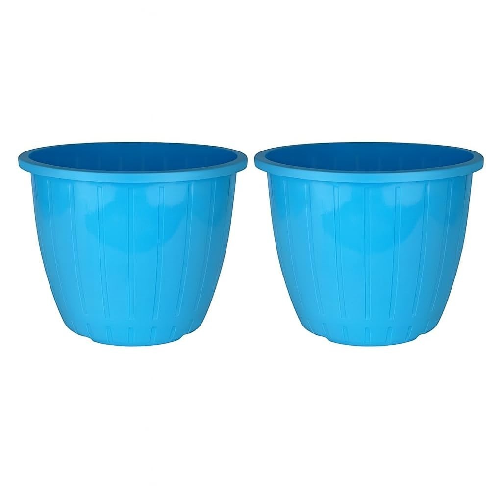 GoHooked blue plastic flower pots, pack of 2, 9.5 inch diameter, 8 inch height, for indoor/outdoor gardening and home decor.