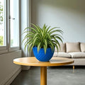 GoHooked blue plastic round crystal shaped hanging planter with metal chain, 8.5 inch diameter.