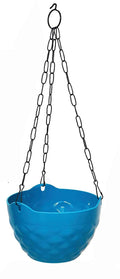GoHooked blue diamond-patterned plastic hanging planter with black chain, ideal for herbs and flowers.