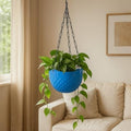 GoHooked blue plastic round hanging planter with metal chain, diamond texture, 8.5 inch diameter.