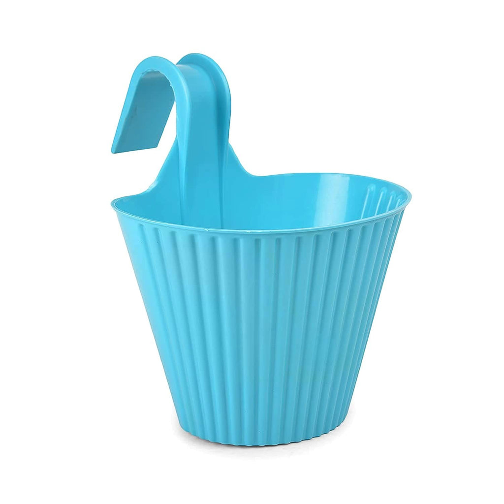 GoHooked blue plastic hanging planter pot with double hook, ideal for balconies and gardens.