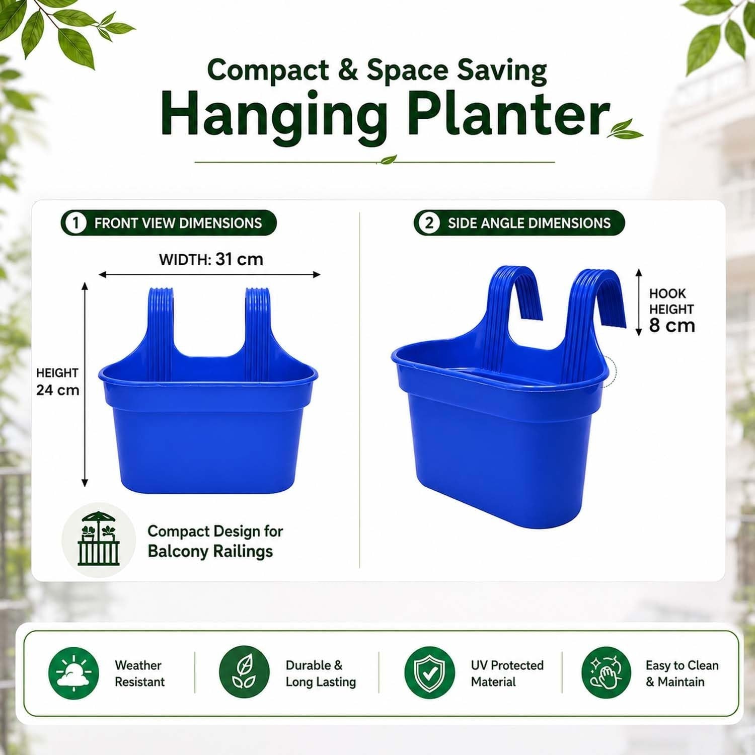 GoHooked blue plastic rectangular hanging planter pot with double hooks for balcony railings. Set of 10.